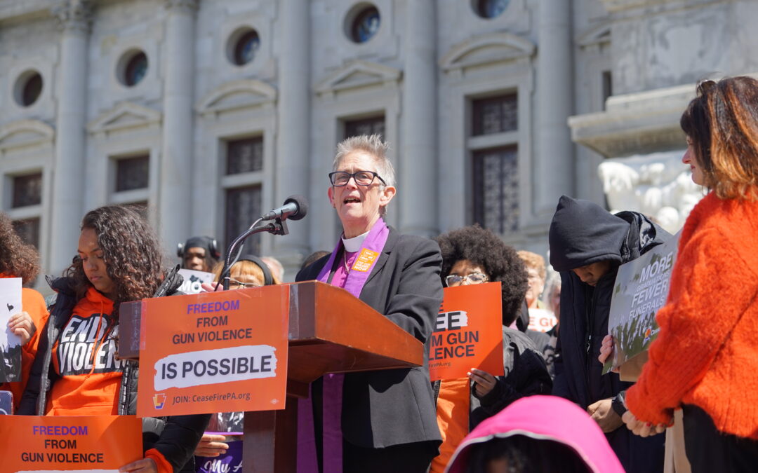 Bishop Audrey Scanlan of the Episcopal Diocese of Central Pennsylvania addresses the croawd at CeaseFirePA's 2025 Advocacy Day.